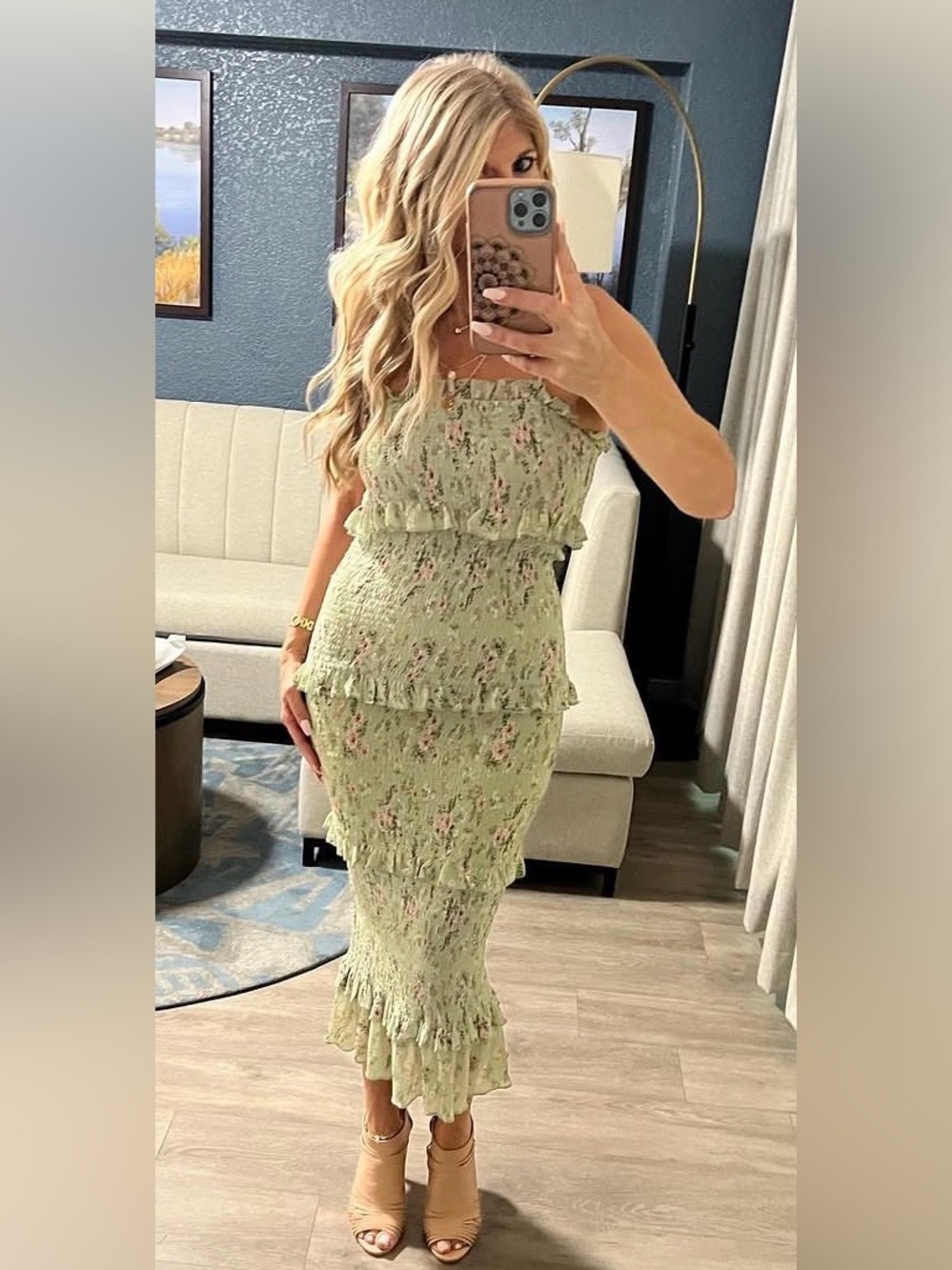 MABLE Light Green Pink Floral Print Smocked Midi Stretchy Tube Dress Size Small